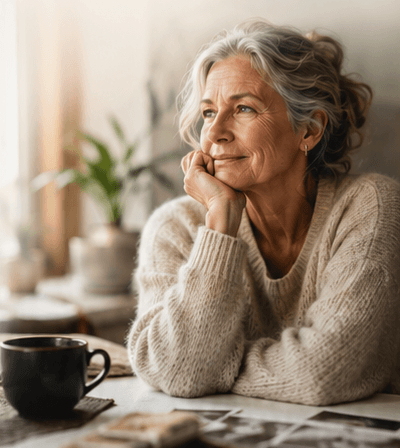 A woman in her seventies sitting at a kitchen table with a cup of coffee and old photographs, looking out of the window